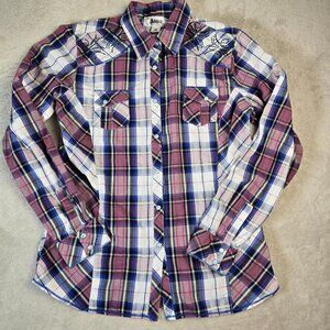 Adiktd Western Top Womens Medium Pink Blue Plaid Embellished Rhinestone Yoke